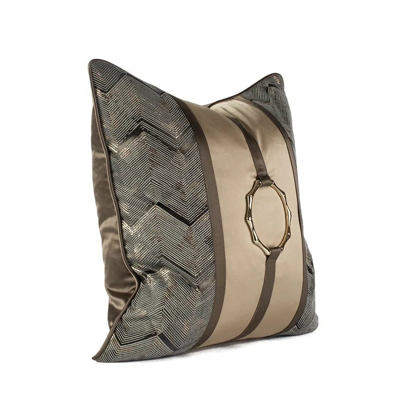 Brown Spliced Cushion Cover with Ring
