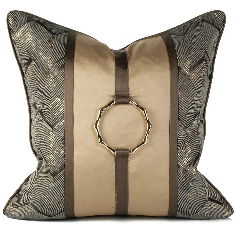 Brown Spliced Cushion Cover with Ring